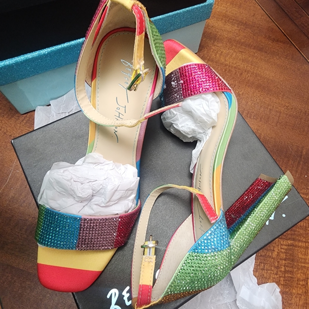 Betsey Johnson NEW sz 7 SB-Rina multi color crystal heels - rainbow colored